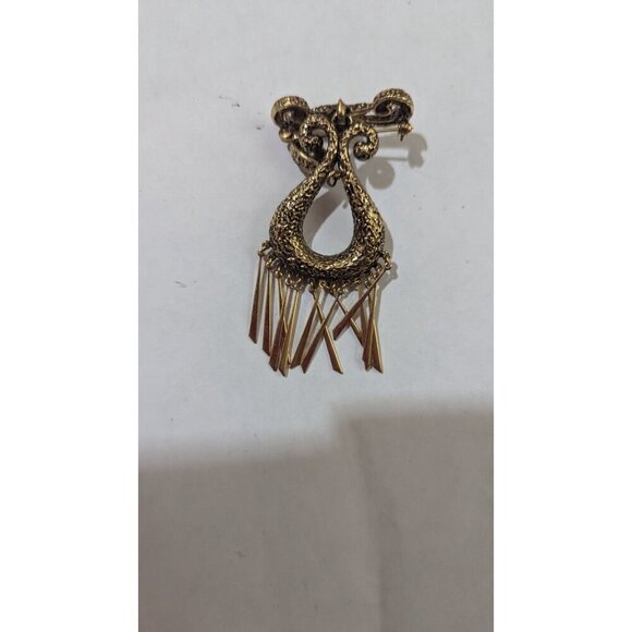 Vintage Gold-Tone Fleur de Lis Brooch With Dangling Tassels articulated Estate - Picture 6 of 9